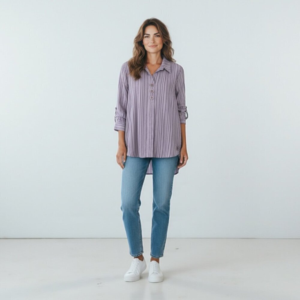 HABITAT Gray Striped Rayon Long Sleeve Tunic Top Size Small Lagenlook